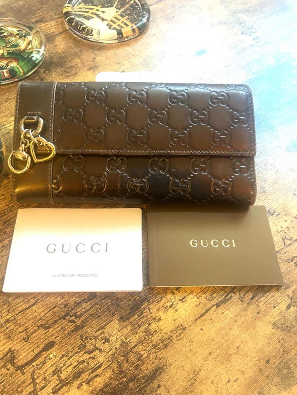 Gucci Bronze/Brown Guccissima Leather Heart Charm Long Continental Wallet.